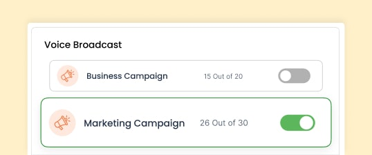 CallHippo's voice broadcast feature showing the "Marketing Campaign" feature toggled on