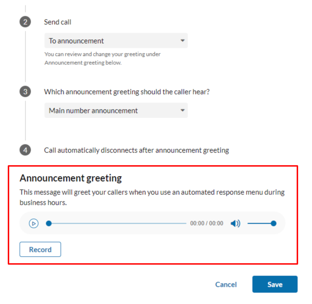 RingCentral interface showing call handling settings and a red box highlighting the announcement greeting option