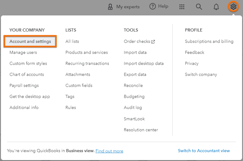 Screen showing how to navigate to the Account and settings screen in QuickBooks Online