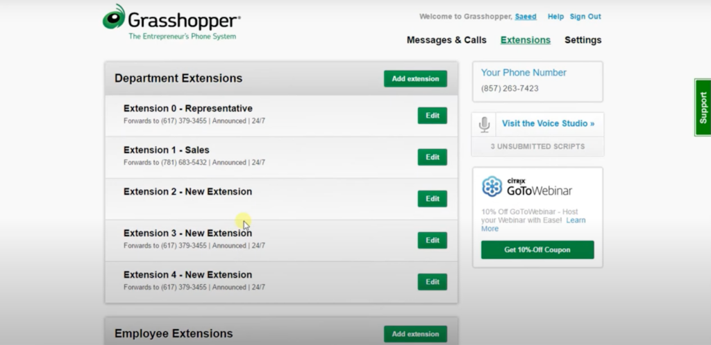 Grasshopper extension settings interface showing examples of phone number extensions