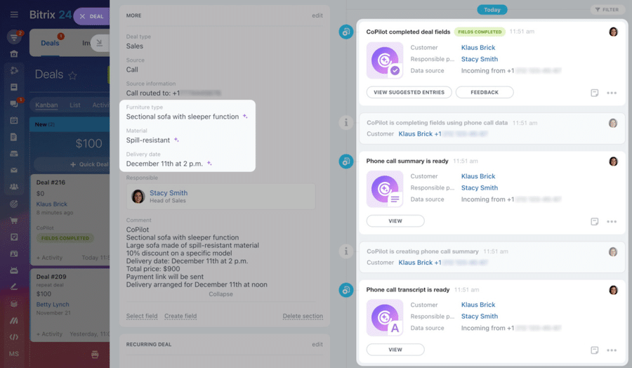 Bitrix24's AI-powered CoPilot tool for auto-completing fields from phone entry, generating call summaries, and automatically transcribing calls.