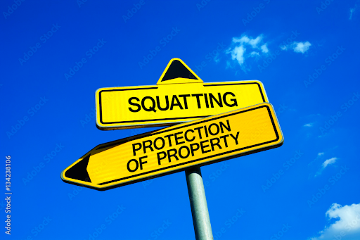 Road signs pointing left and right with words "squatting" and "protection of property."