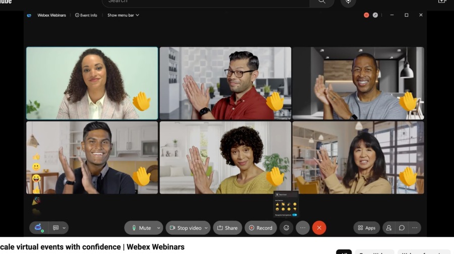 Six webinar participants clapping their hands in a Webex webinar with animated clapping reactions on their lower right screen.