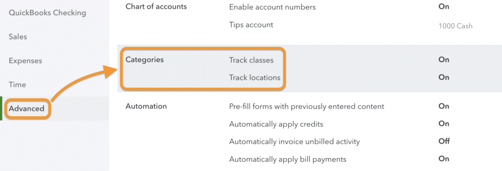 Advanced tab in the Account and settings page highlighting the Categories section