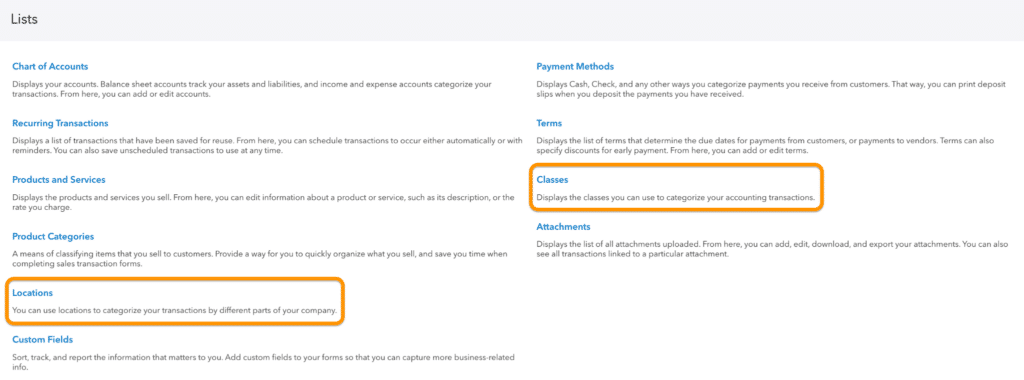 Categories section highlighting the class tracking setup section in QuickBooks