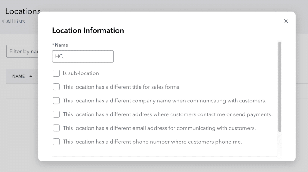 Image showing how to create locations in QuickBooks Online.