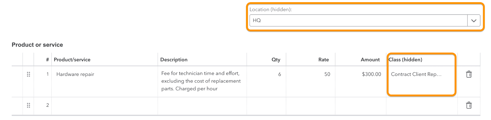 Image showing how locations and classes assigned in an invoice.