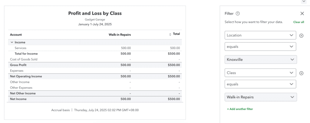 Image showing how to set a filter to include both class and location in one report.