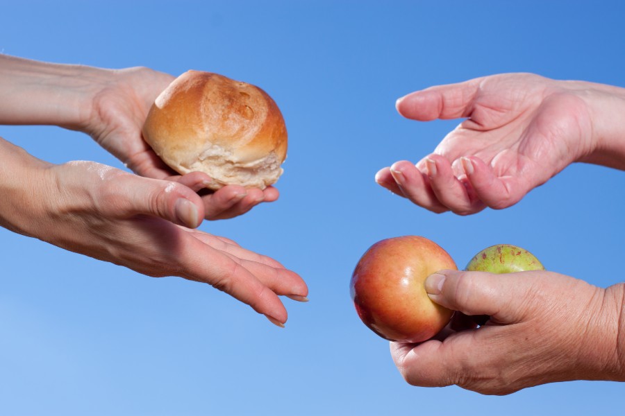 image showing hands holding bread and apple