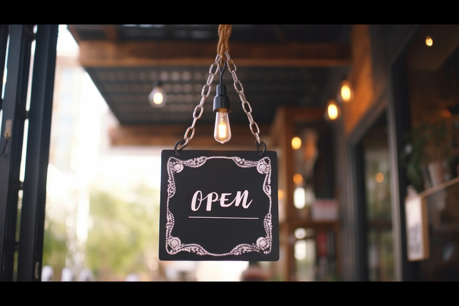 A quaint 'Open' sign hangs on a café entrance, inviting customers with a warm, retro aesthetic and soft lighting.