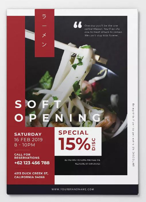 Restaurant soft opening poster with a 15% discount
