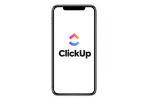 A smart phone displaying the logo of Clickup.