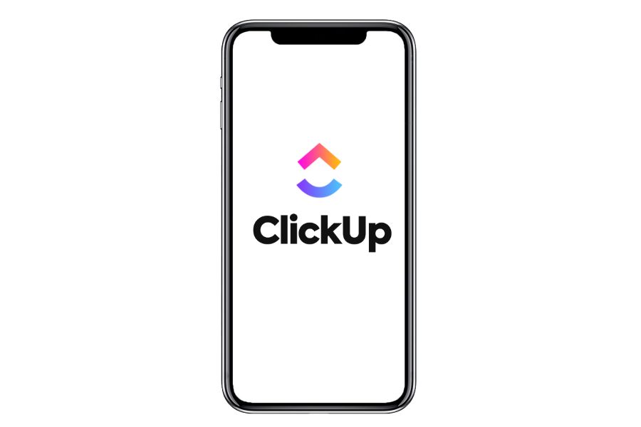 A smart phone displaying the logo of Clickup.