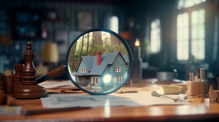Magnifying glass and house on the table. home inspect concept