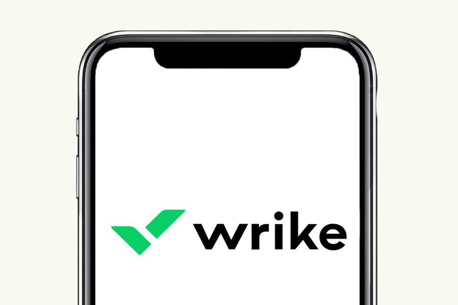 A smartphone screen displaying the logo of Wrike.
