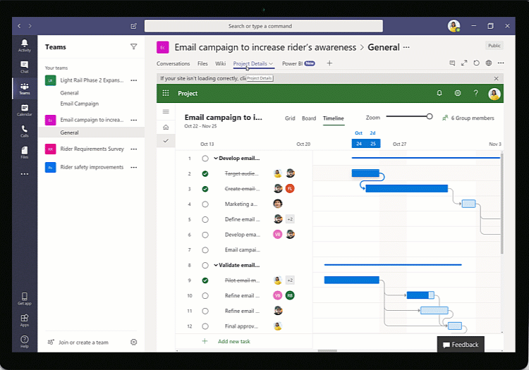 A GIF showing a Microsoft Teams user clicking tabs in the "General" group chat.