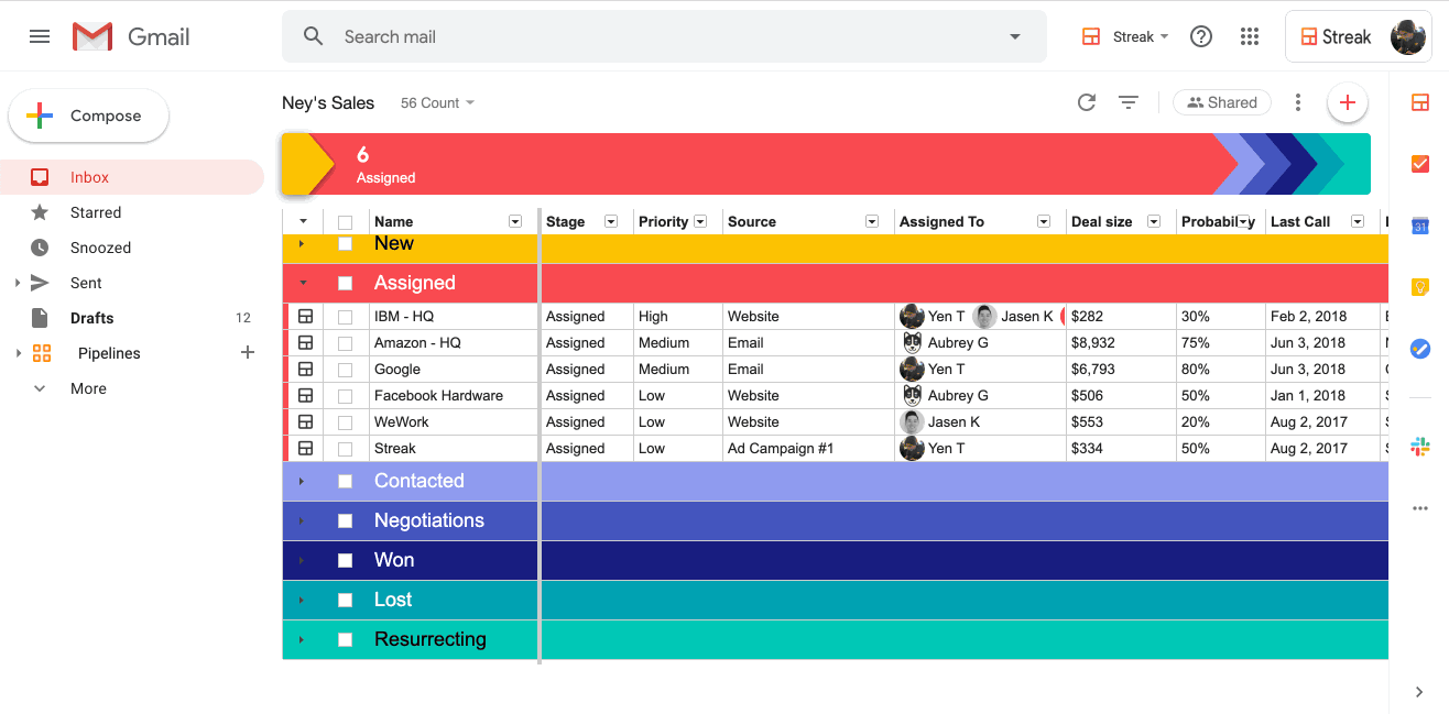 Customizable sales pipelines with the Streak CRM for Gmail.