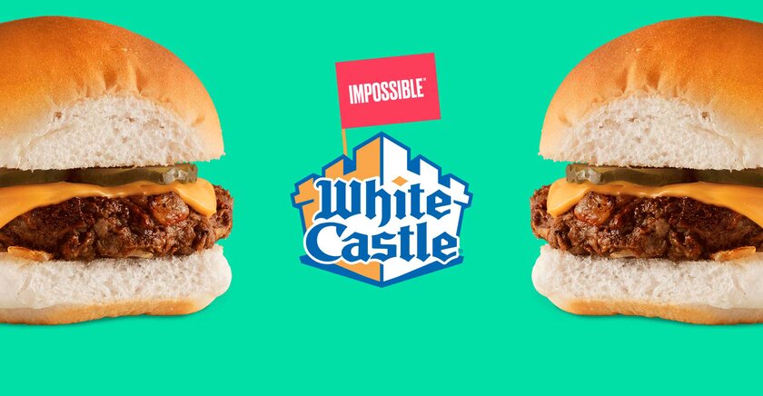 Graphic containing two Impossible Meat sliders with a White Castle logo in between