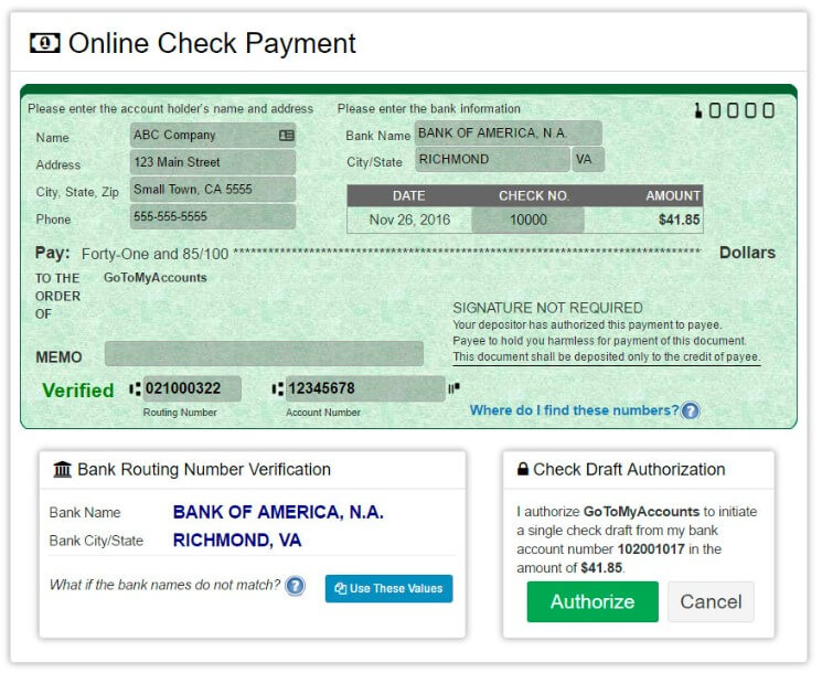Customer online portal for eCheck payments