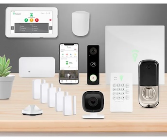 Frontpoint family security system with hub and keypad, window sensors, motion sensor, indoor and outdoor cameras, keychain remote, doorbell camera and phone app.
