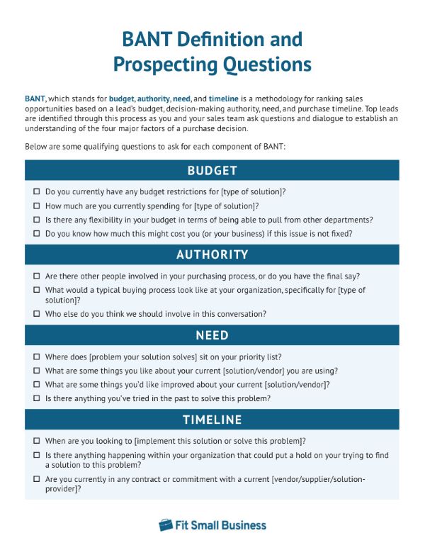 Screenshot of the BANT prospecting question