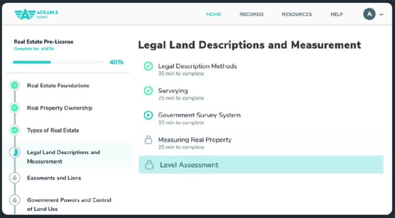 Landing page to real estate course progression about land descriptions and measurement.