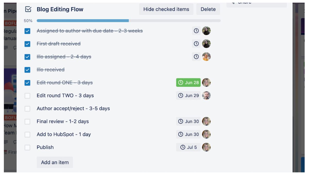 Advanced checklist on Trello listing the steps for the task labeled as “Blog Editing Flow”.