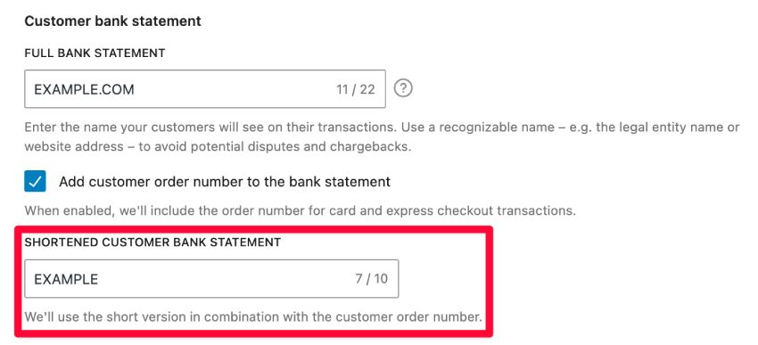 An example of payment settings for statement descriptors