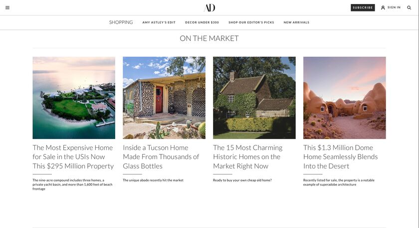 Screenshot of the Architectural Digest real estate page