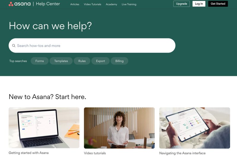 Asana Help Center with a text that says "How can we help," a search bar, and three thumbnails representing different resources for using Asana