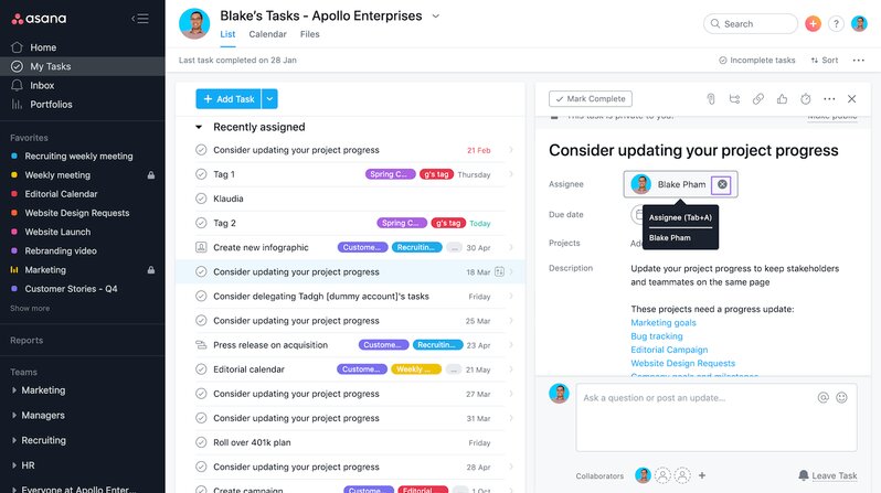 Asana interface showing a list of tasks on the left side of the screen and details of a particular task on the right