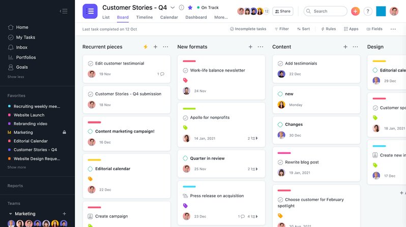 Asana interface showing a project board titled "Customer Stories - Q4"