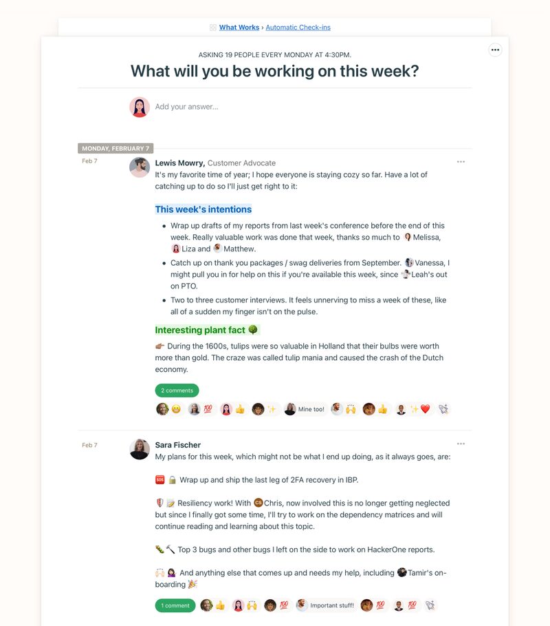 Basecamp interface showing a page with the title "What will you be working on this week?" and a series of posts from different users under the title banner