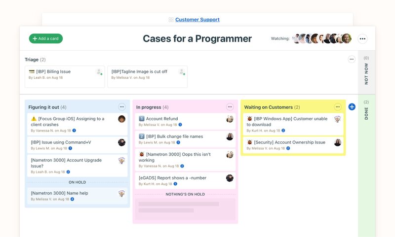 Basecamp interface showing a Kanban board titled "Cases for a Programmer"