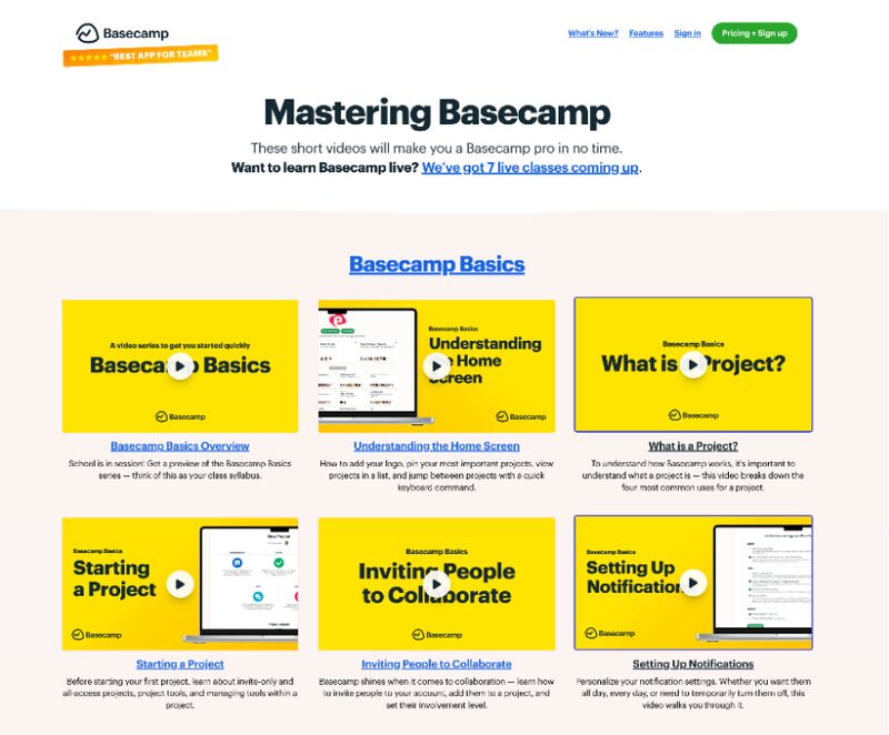 Basecamp webpage showing thumbnails of different tutorials for using the software solution