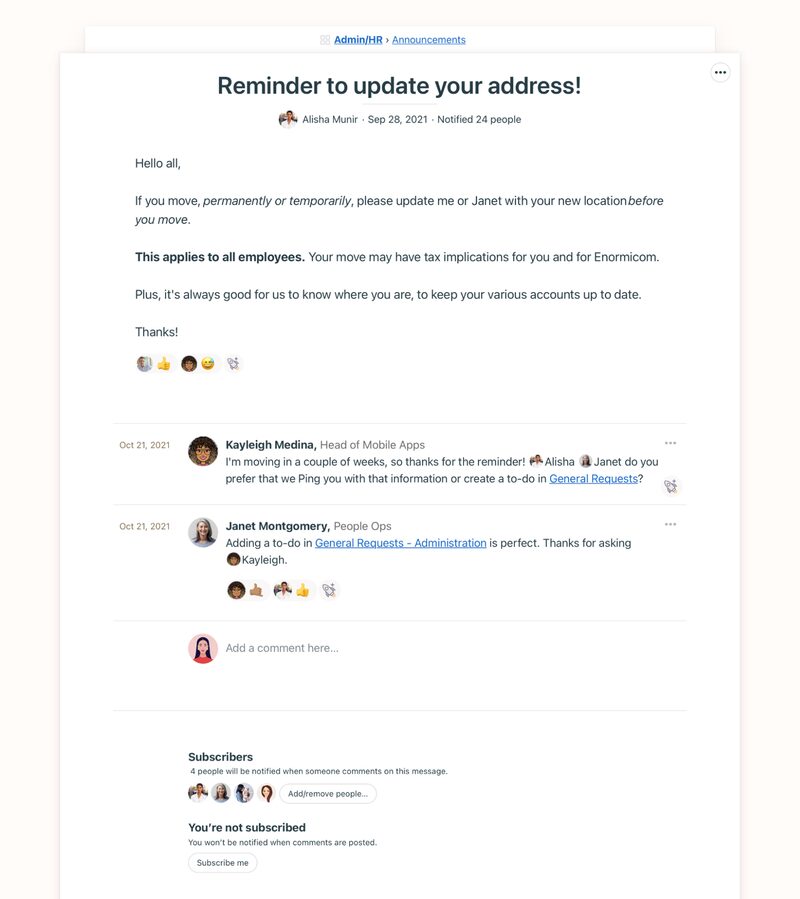 Basecamp interface showing an announcement and comments from different users