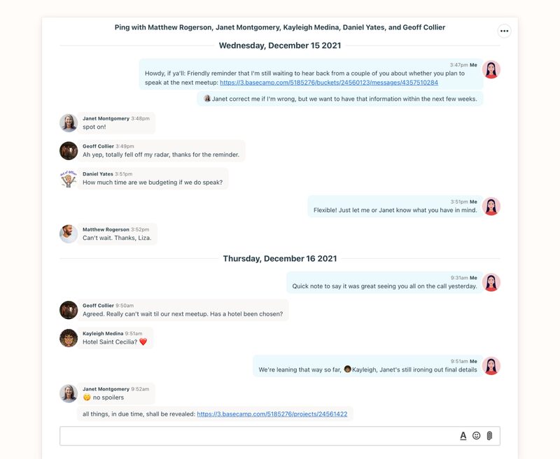 Basecamp chat window showing a conversation among individuals