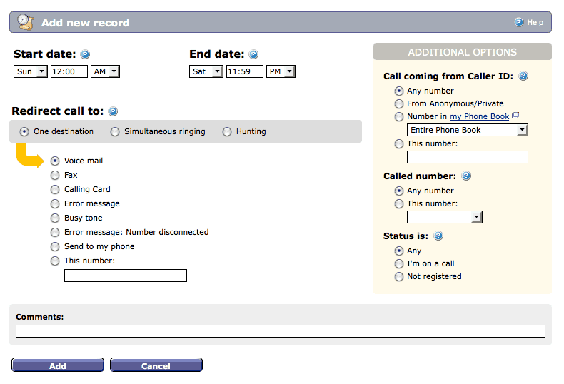 Callcentric's configuration options for incoming calls.