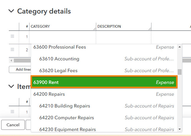 Category details section in the QuickBooks' expense entry form highlighting a category under the dropdown list