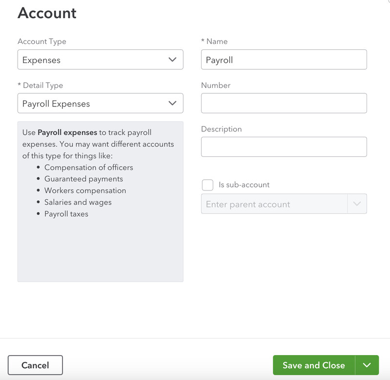 Form where you can create a new category or account in QuickBooks Online