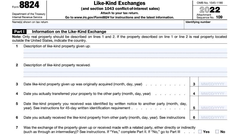 Screenshot of Form 8824 for like-kind exchanges