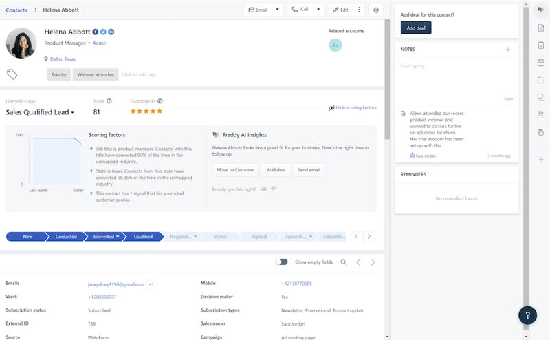 An example of a Freshsales contact profile with lead score and insights.