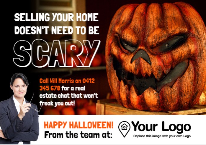 Real estate postcard advertising a real estate agent with with Halloween theme.