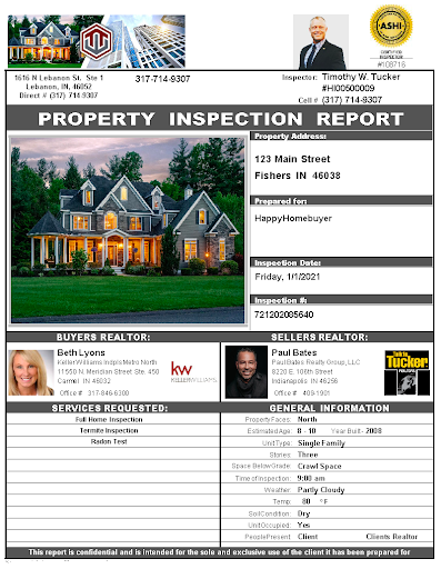Image of a example home inspection report with headshots and house details