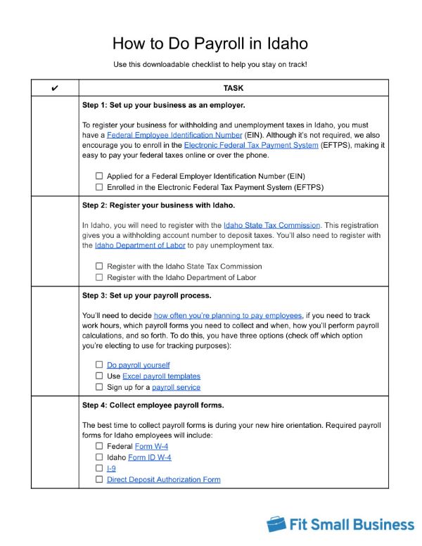Screenshot of the first page of How to Do Payroll in Idaho Checklist