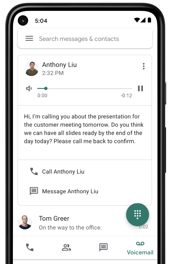 How voicemail transcription works in the Google Voice mobile app.