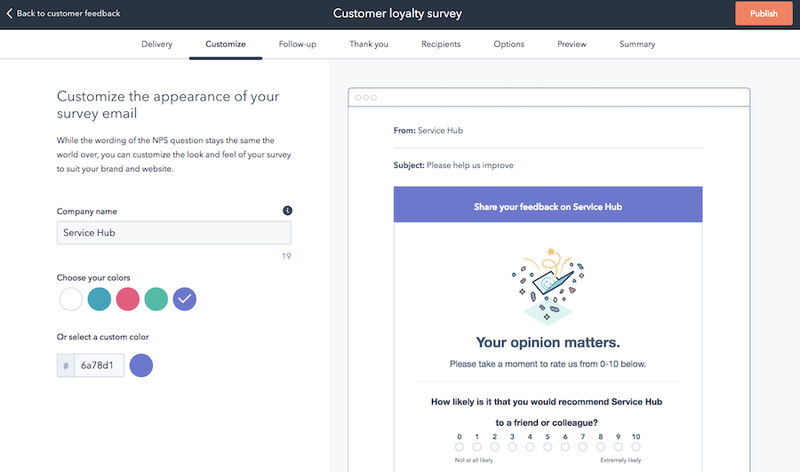 An example of a customer loyalty survey form in HubSpot CRM.
