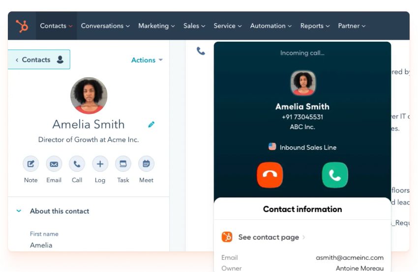 HubSpot interface showing a customer profile and an Aircall dialog box indicating an incoming call.