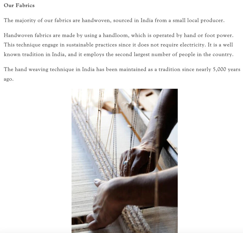 Kula discusses its handwoven, locally-sourced fabrics on its website.