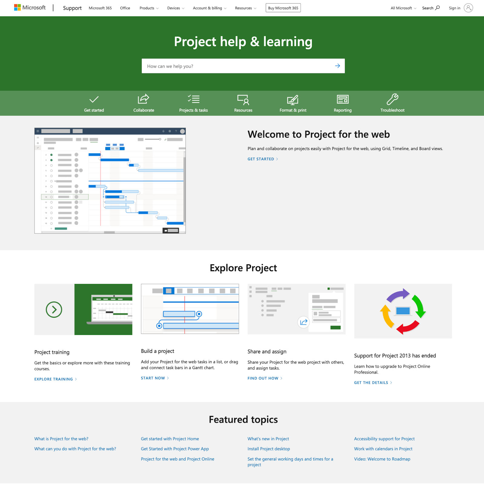 Microsoft Project's "Project help & learning" web page.